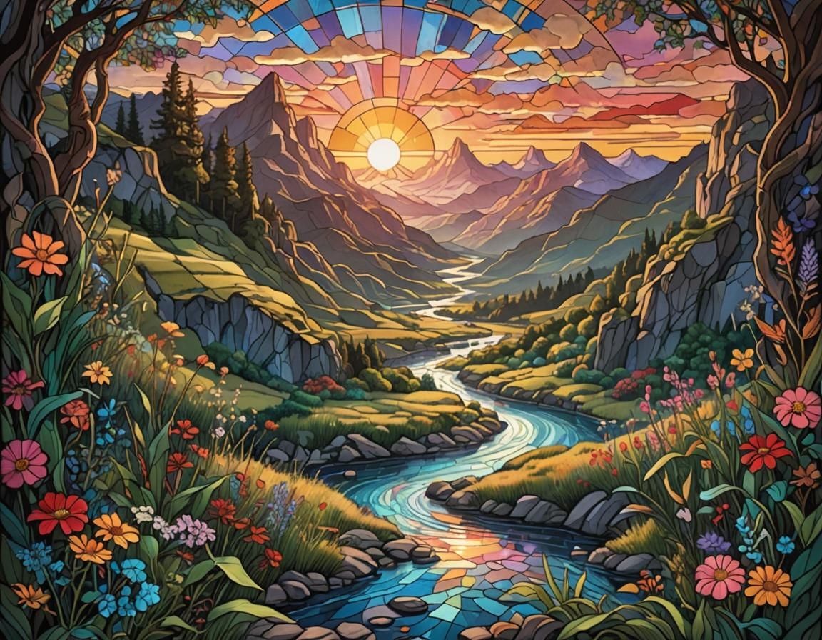 Psychedelic Stained Glass River Valley Sunset