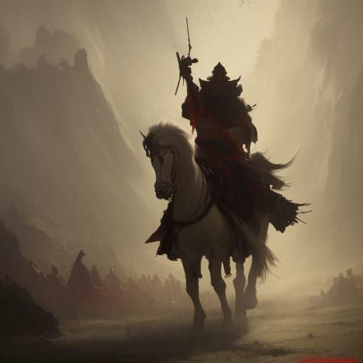 Chinese General on White Horse: Dark Fantasy Art