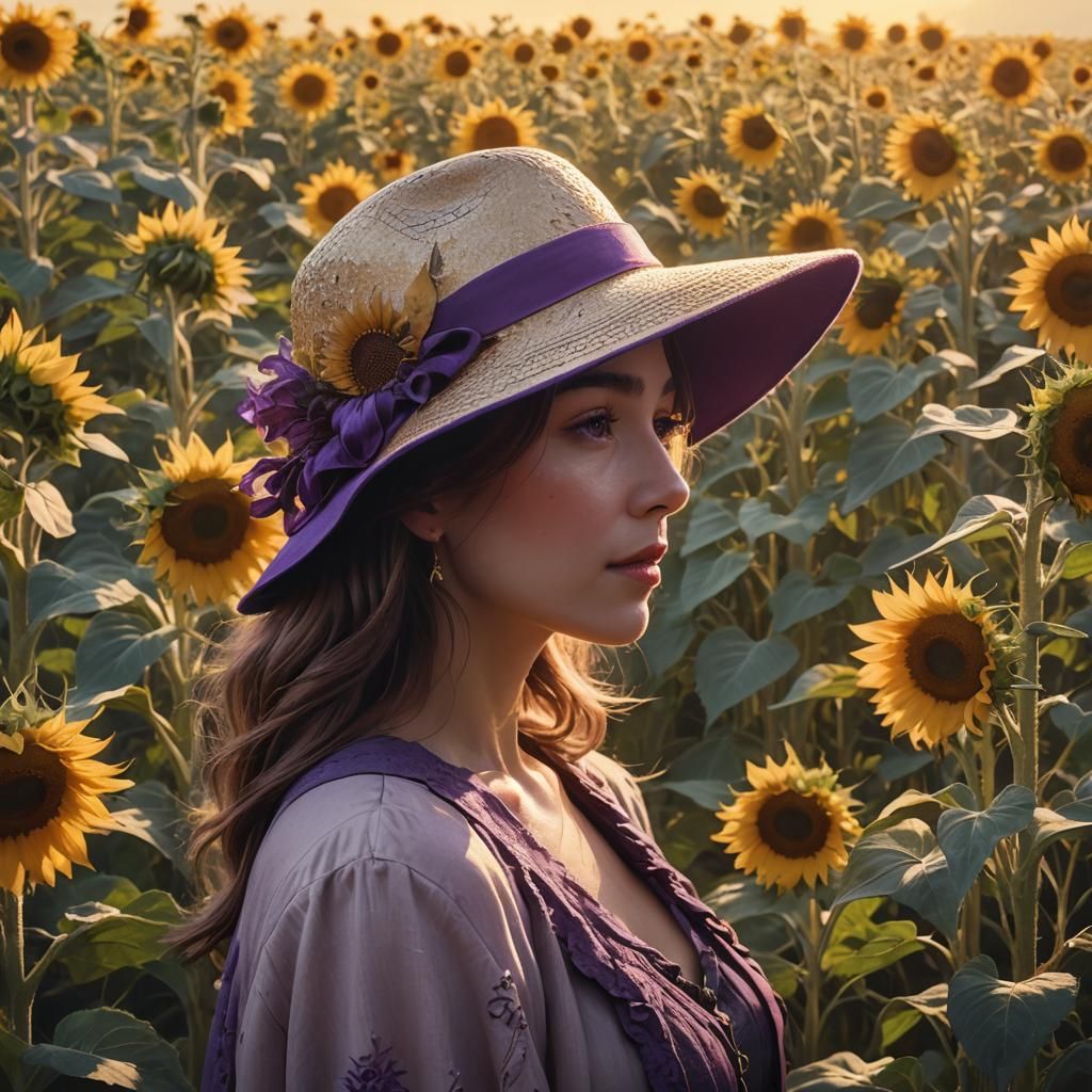Woman in Sunflower Field with Golden Light