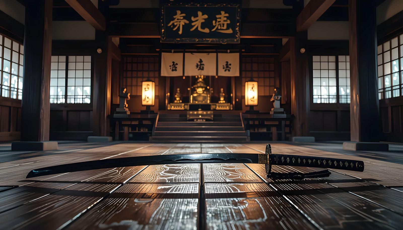 Ancient Katana Before Shrine in Austere Temple