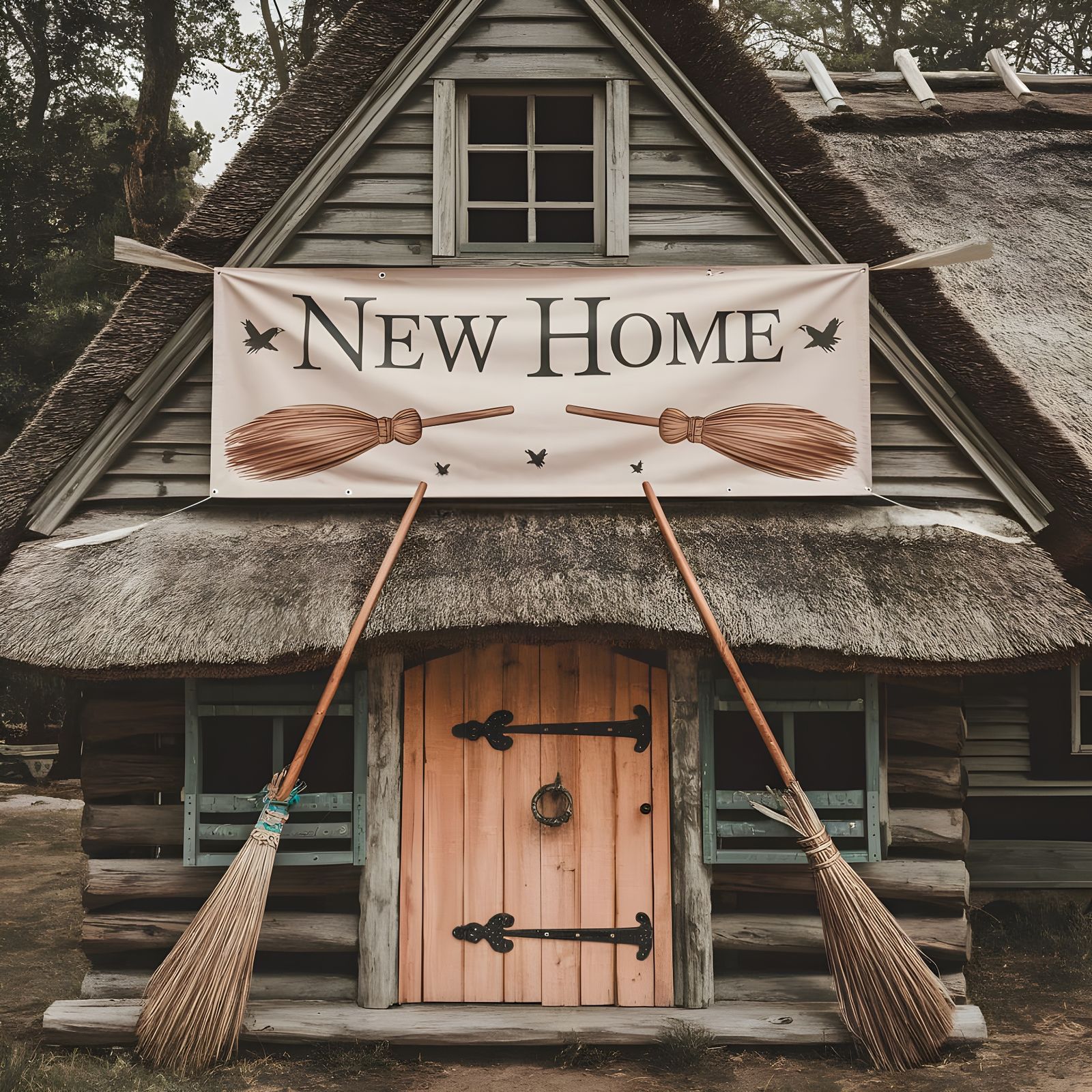 Cozy Witch's Cottage with Thatched Roof and Broomstick Banne...