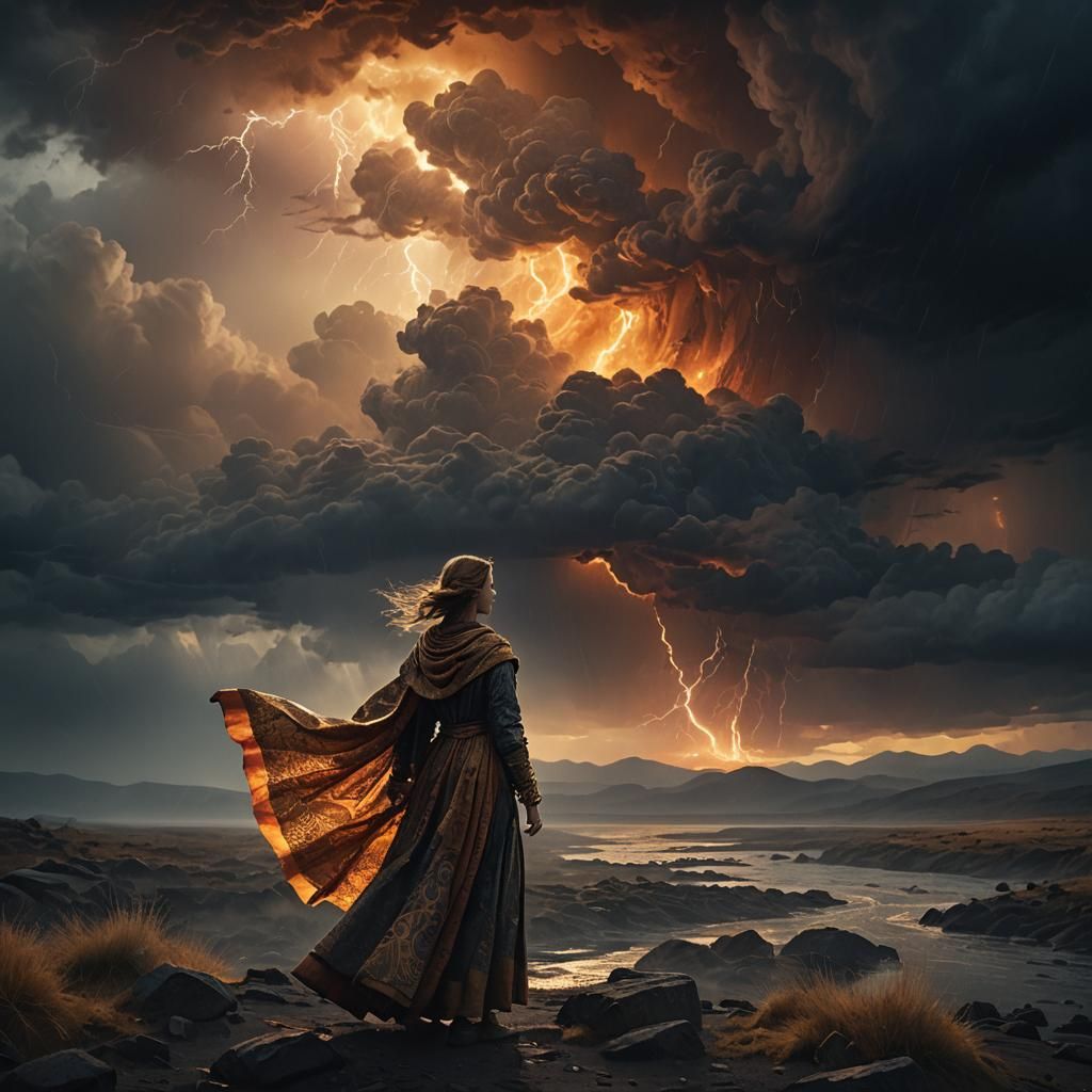 Serene Figure with Ember in Stormy Fauvist Landscape