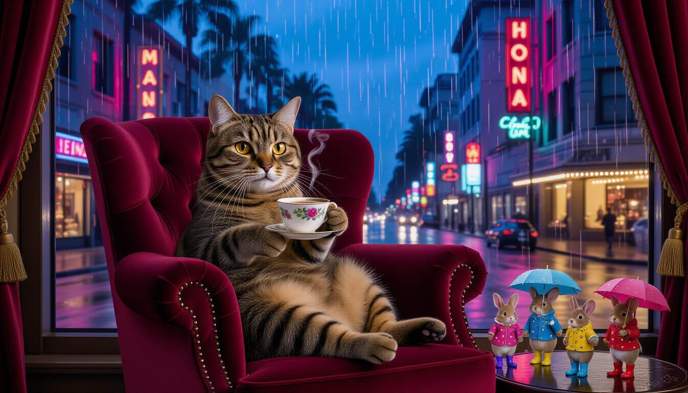 Cat Enjoys Tea in Luxurious Hotel Room