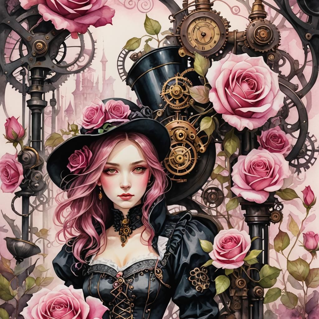 Steampunk Maiden in Secret Rose Garden Watercolor