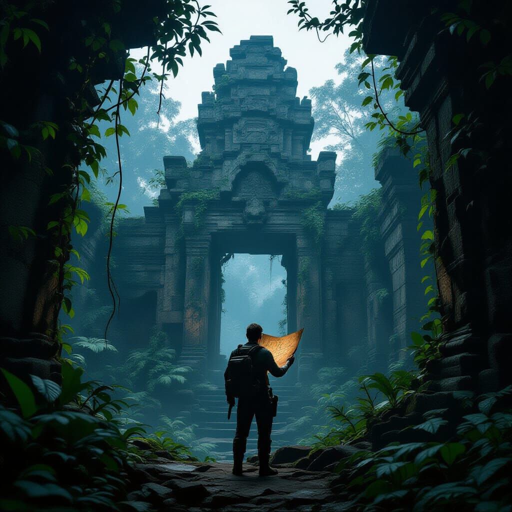 Explorer in Crumbling Jungle Ruins, Realistic CGI