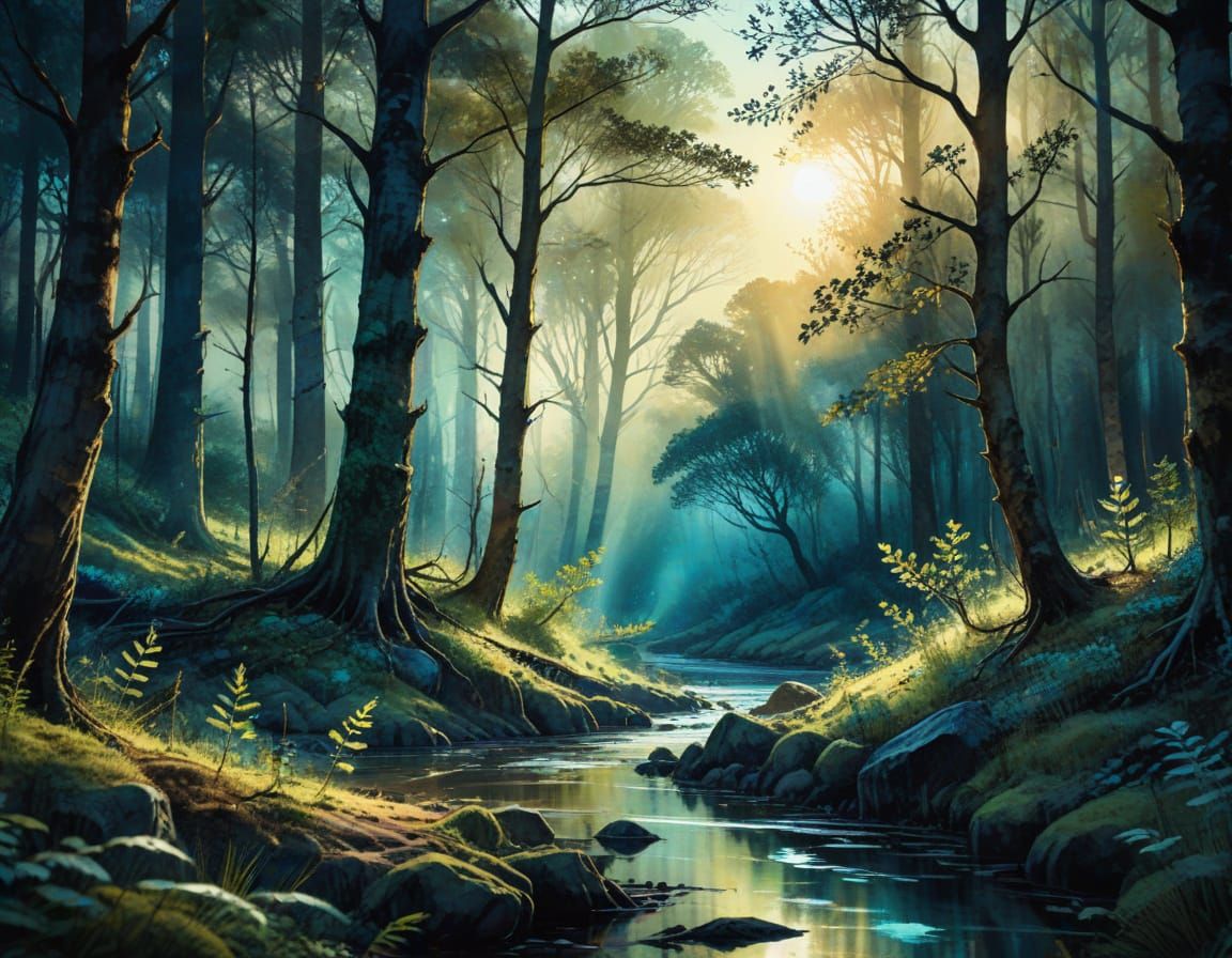 Epic Forest Landscape in Vibrant Watercolor Style