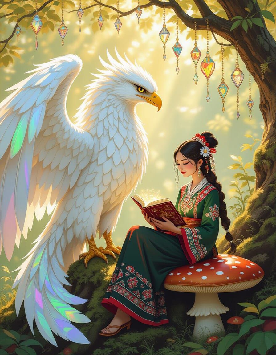 Griffin Guarding Grove with Woman Reading, Illustration Styl...