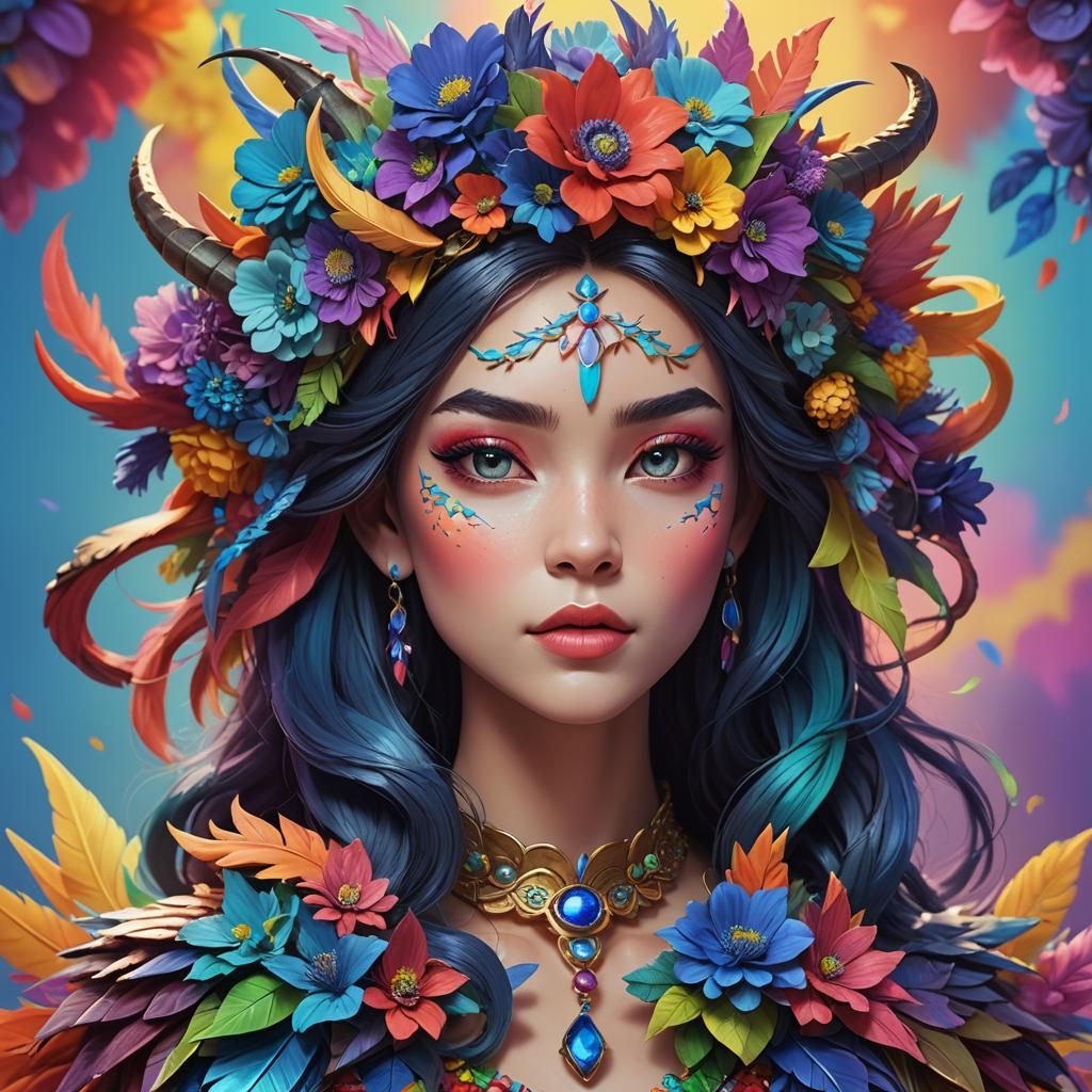 Rainbow Dragon Woman with Flower Crown in 3D