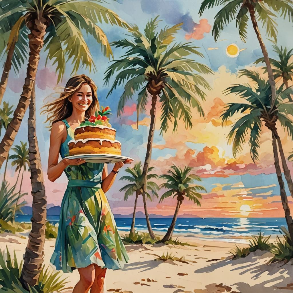 Palm Tree Cake on Beach in Gouache Style