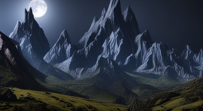 Night Mountain Landscape with Unicorns: Fantasy Concept Art