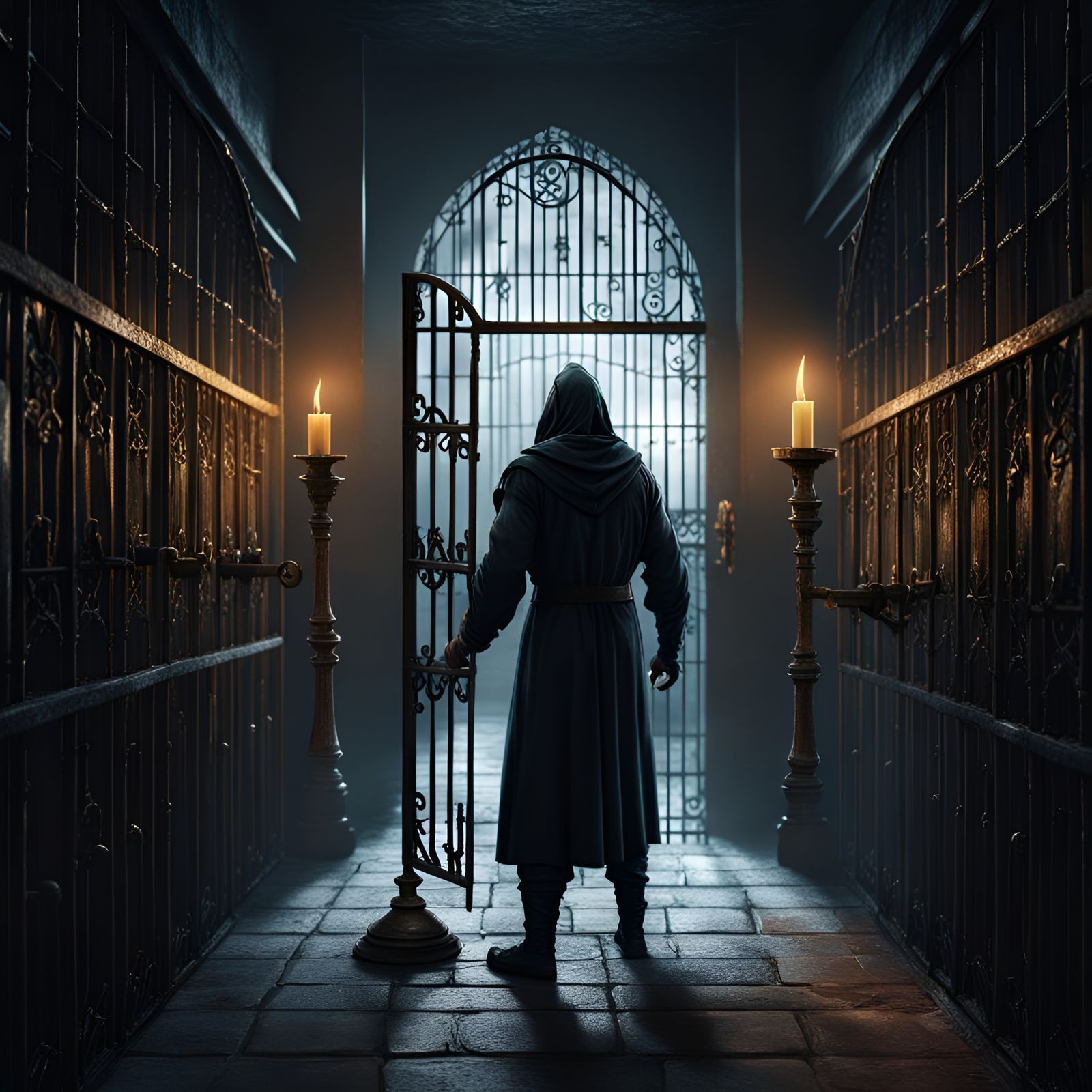 Mysterious Hooded Man Unlocking Prison Cell Door