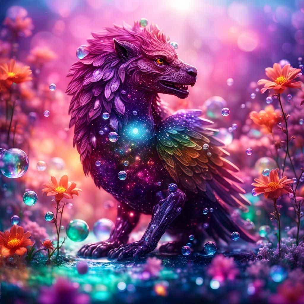 Luminous Griffin with Flowers in Pen and Ink Style