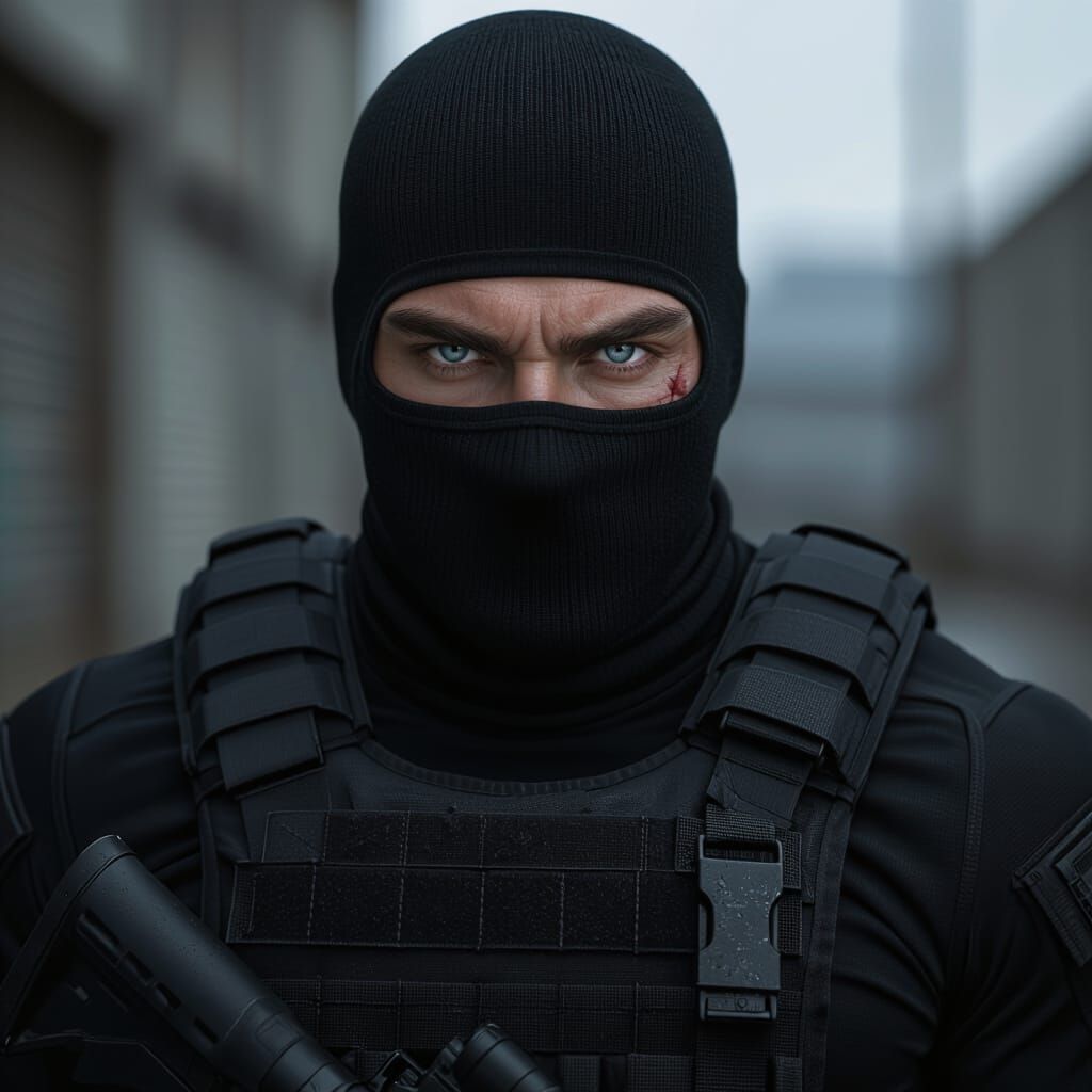 Muscular Commando Soldier in Black Tactical Gear