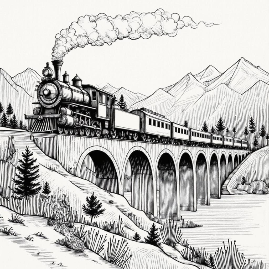 Surreal Monochromatic Steam Train in Pencil Sketch Style