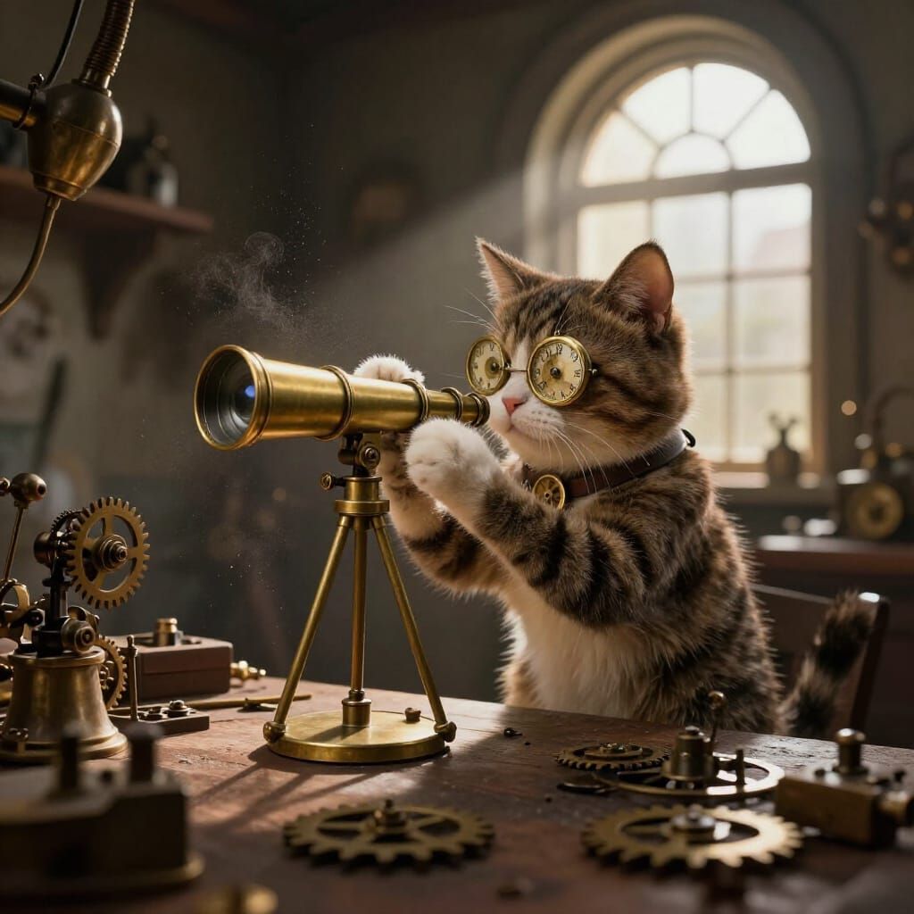 Clockwork Cat Polishes Telescope in Steampunk Workshop