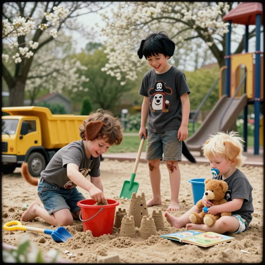 Boys Playing in a Vibrant Spring Garden