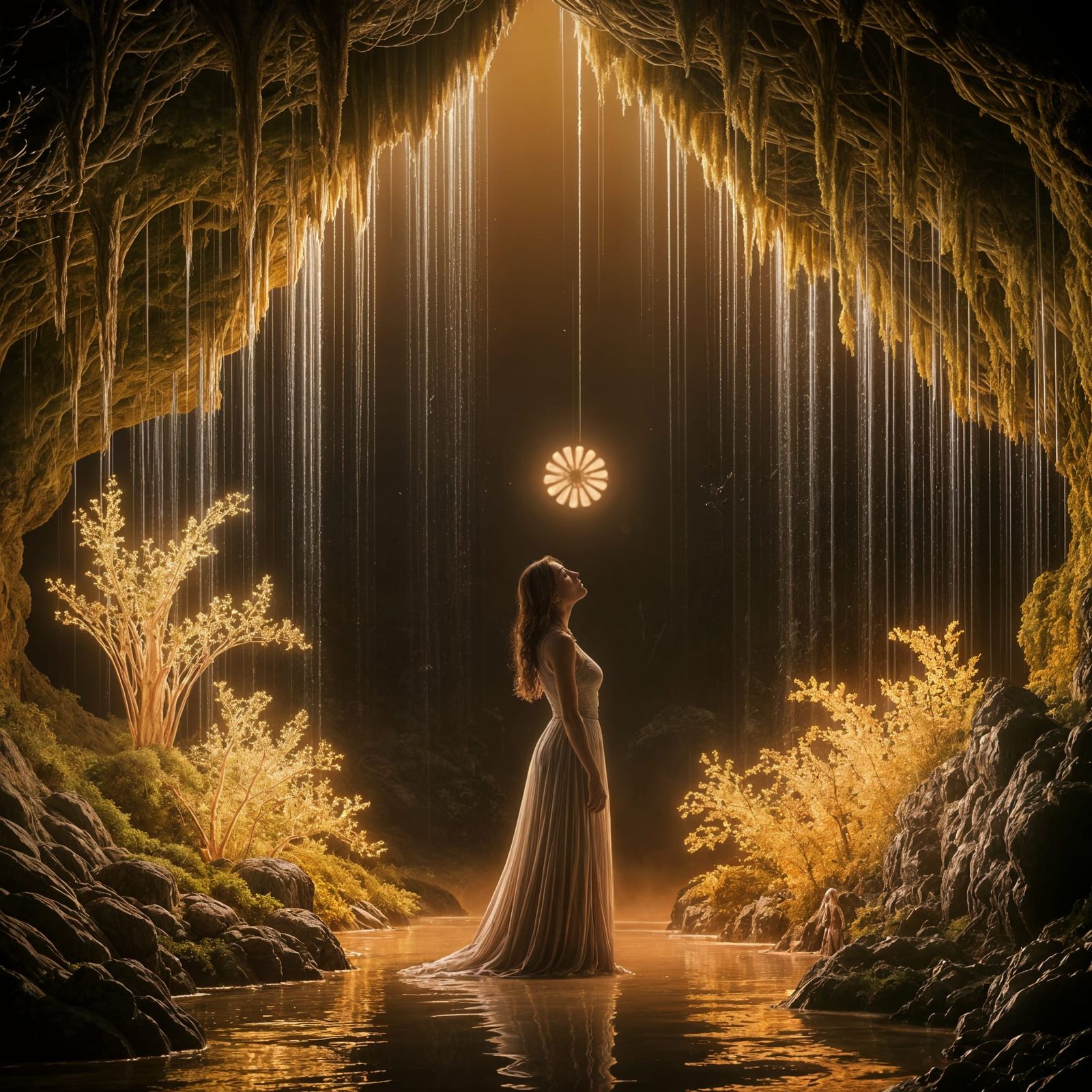 Ethereal Grotto Scene with Woman and Glowing Flora