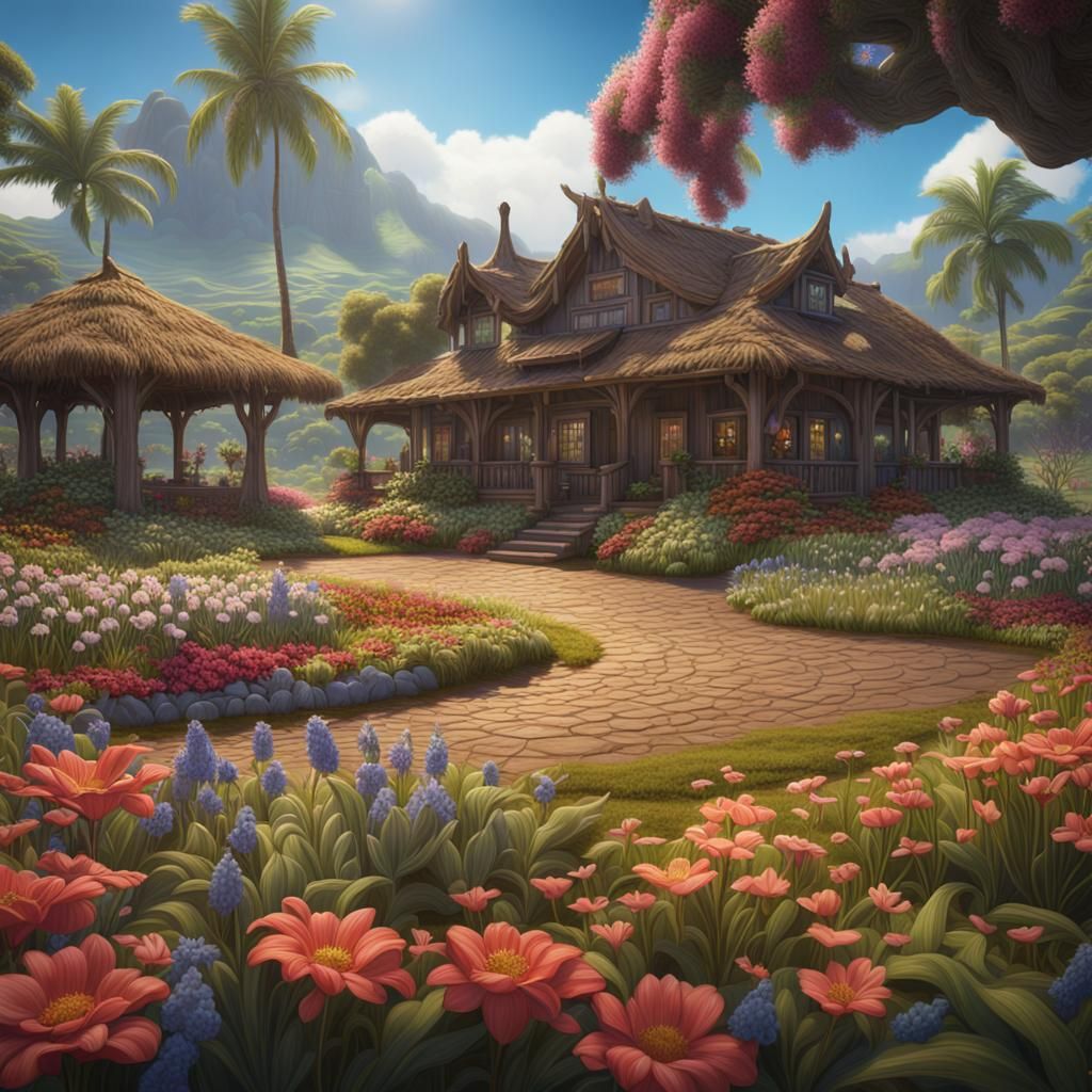 Hawaiian Ranch Flower Garden in Detailed Matte Painting