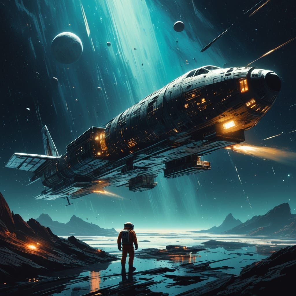 Astronaut Repairs Derelict Ship in Nebula