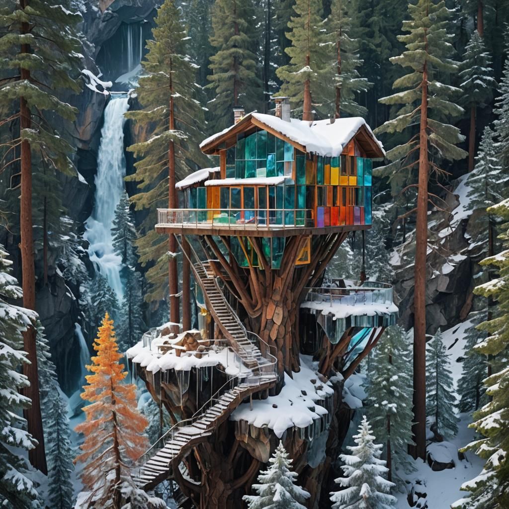 Glass Treehouse in Snowy Pine Forest