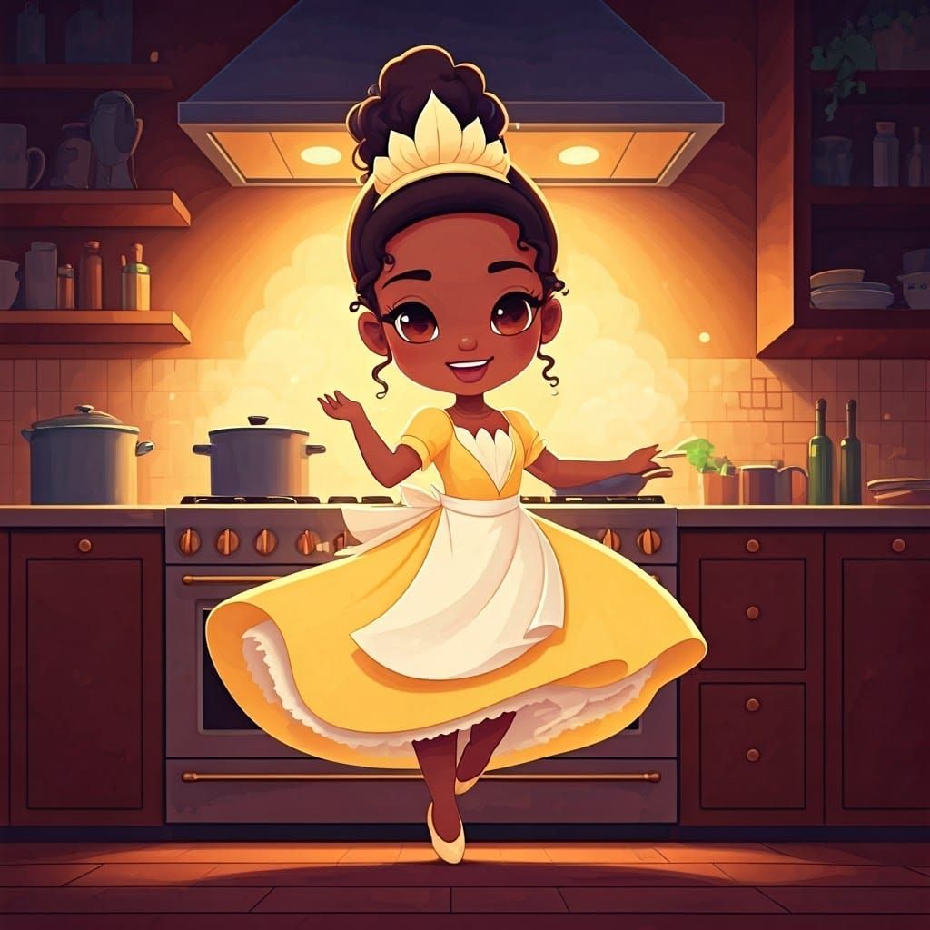 Tiana Dances in Her Kitchen, Chibi Cartoon