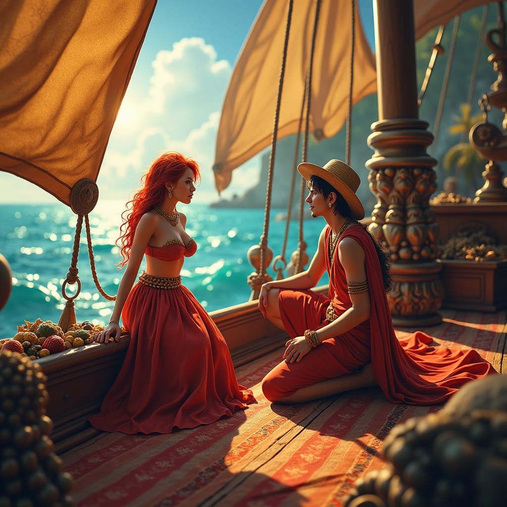 Luffy and Alvida on a Treasure Ship in Matte Painting Style