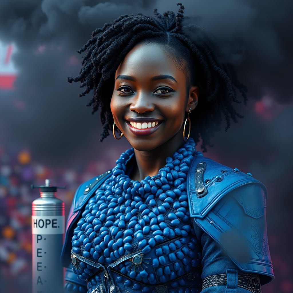 Intricate Fiber Armor on Smiling Woman in Fog