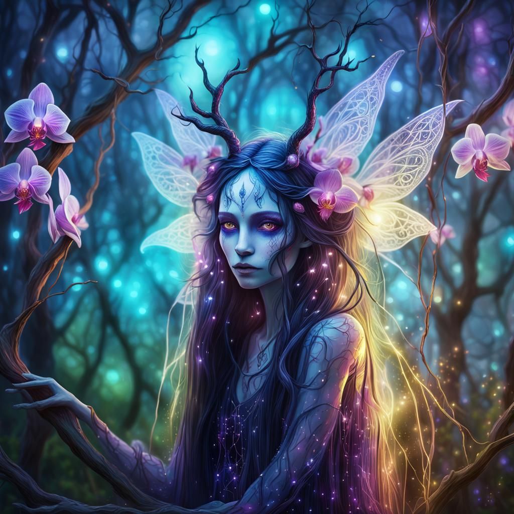Gothic Orchid Fairy in Ethereal Forest Clearing