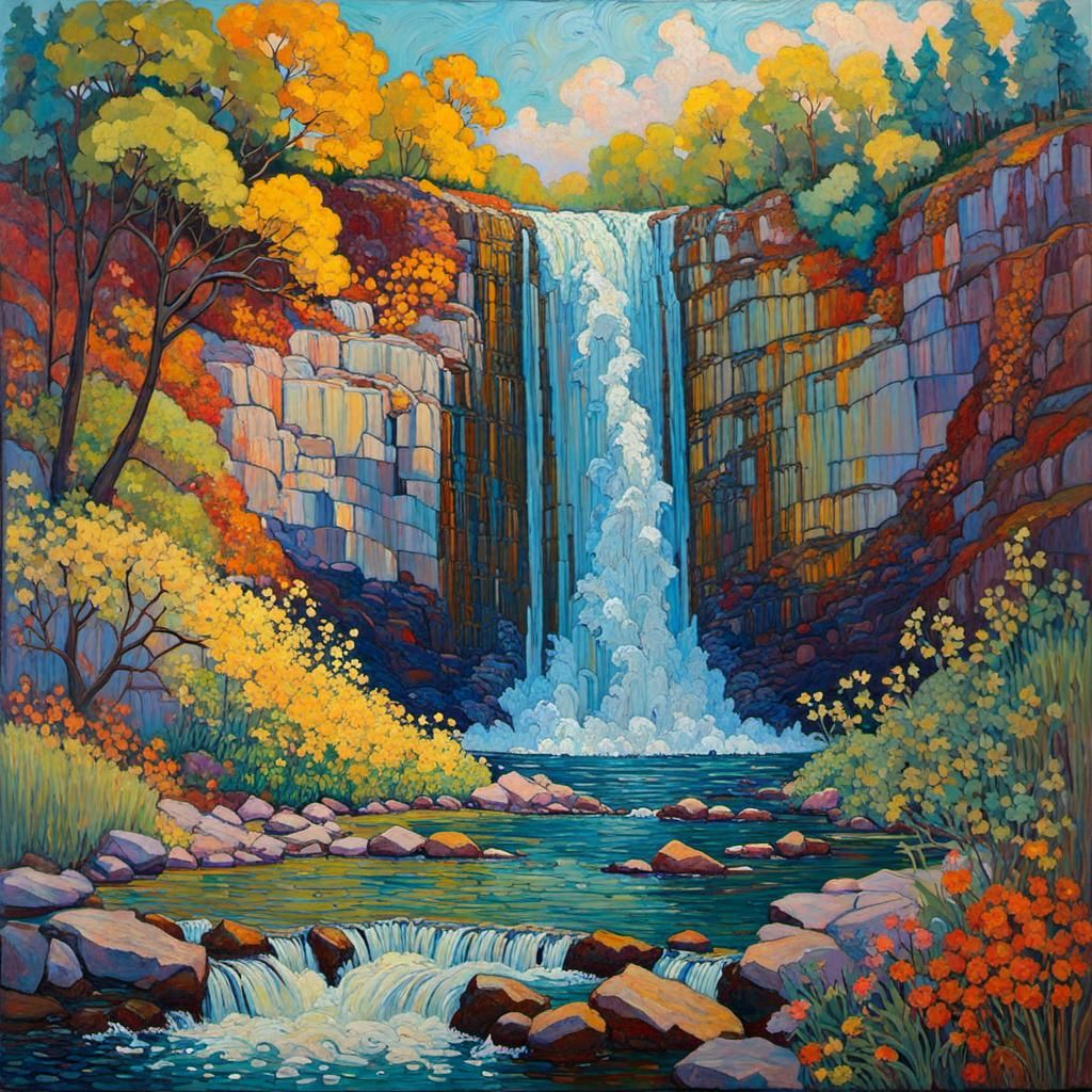 Encaustic Waterfall Painting in Art Brut Style