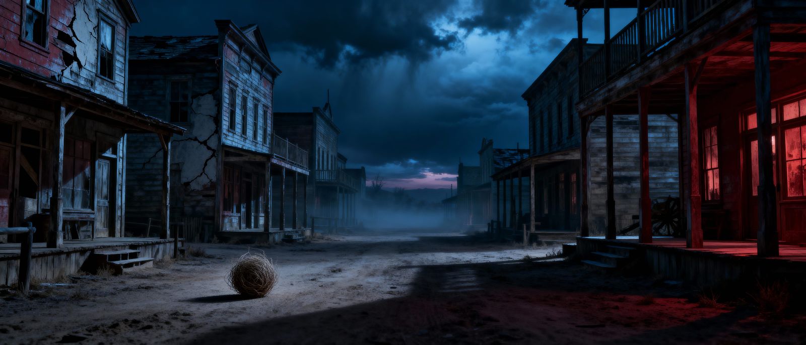 Desolate Ghost Town Under Stormy Twilight Sky