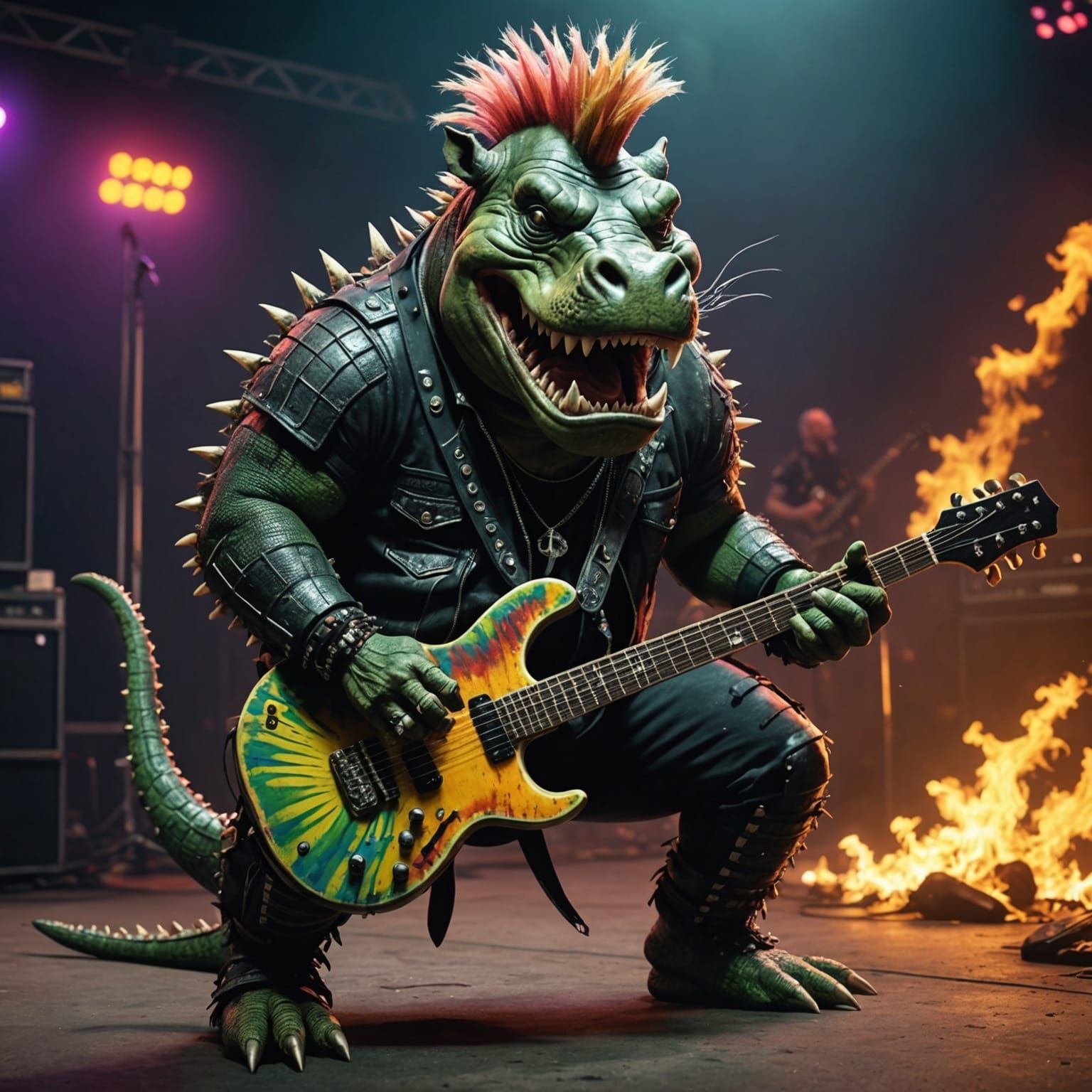Punk Hippopotamus Crocodile Headbanging on Stage