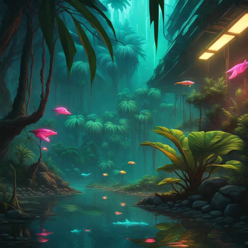 Cyberpunk Rainforest: Monstera Tree in Neon Light