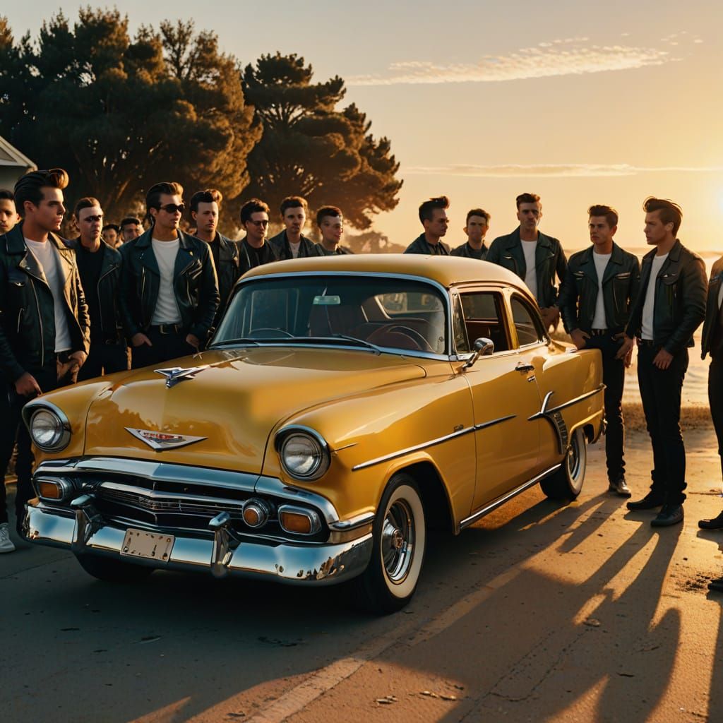 Greasers Gather Around a Yellow Hot Rod at Sunset