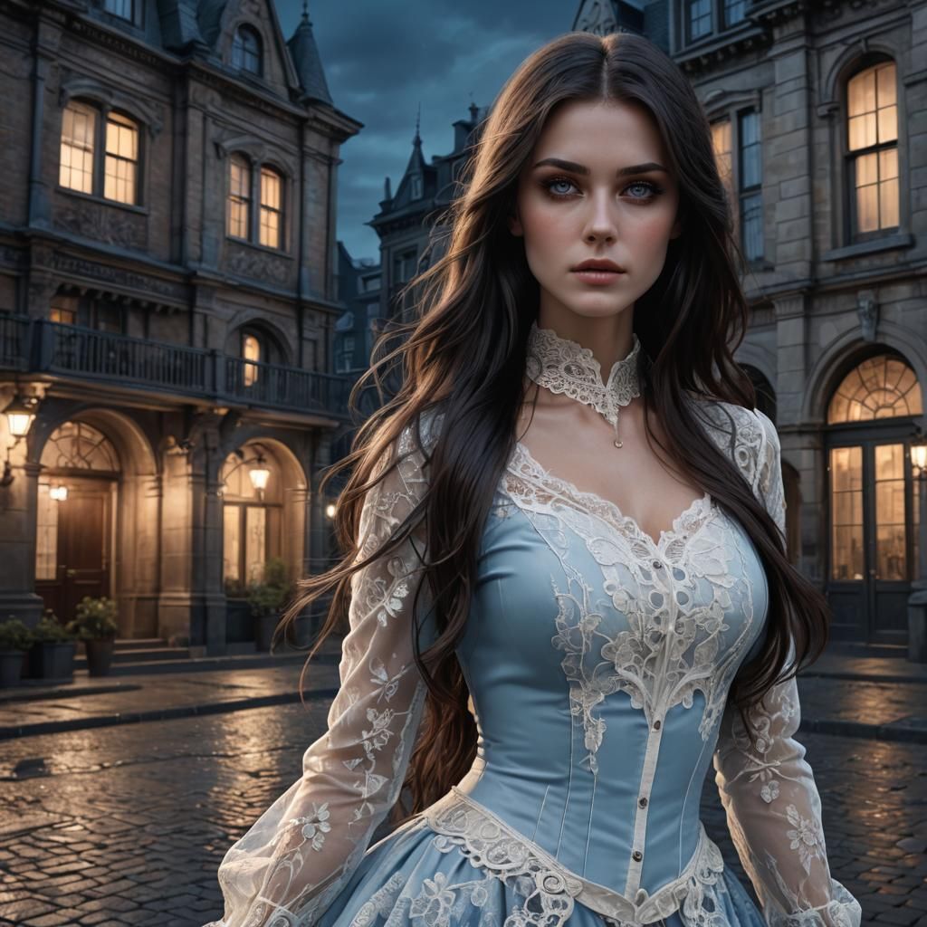 Victorian Girl with Long Hair in Cityscape