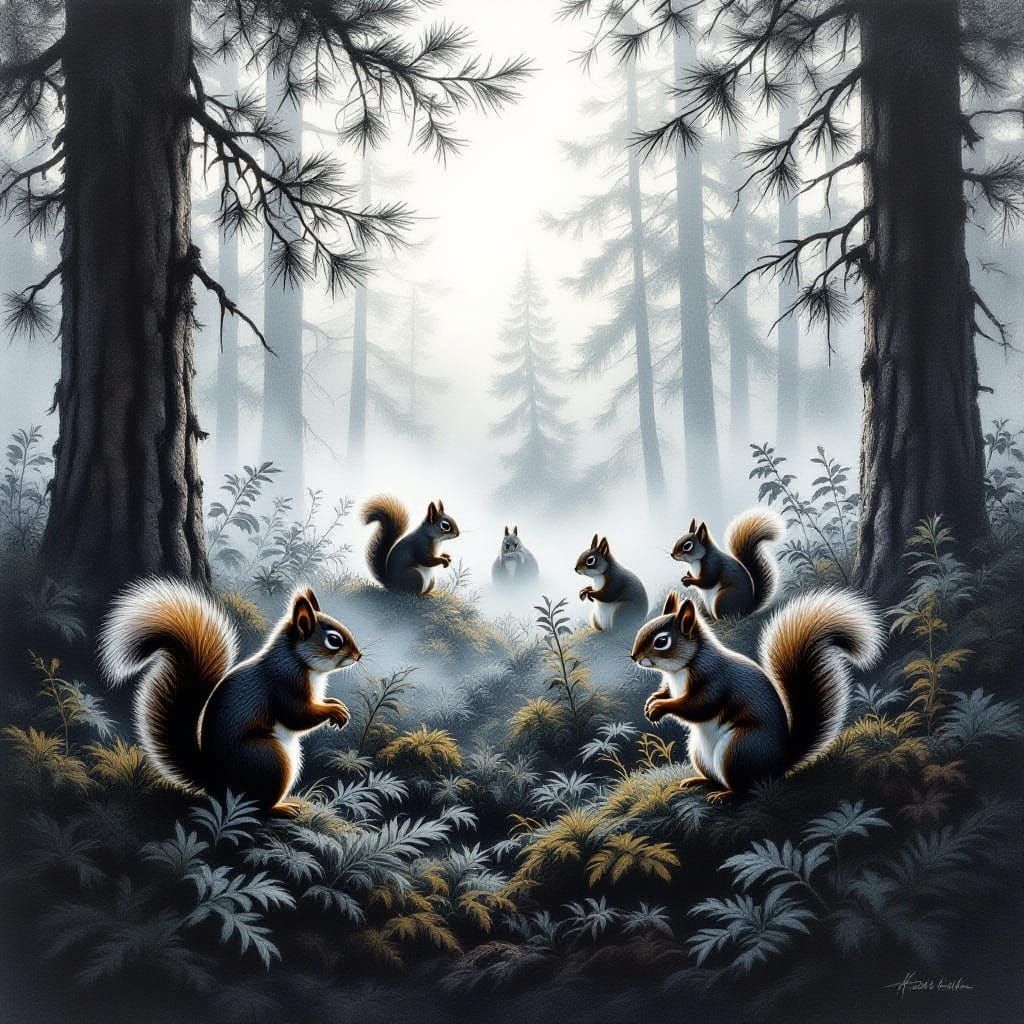 Nimble Squirrels in Foggy Pine Forest Charcoal Drawing