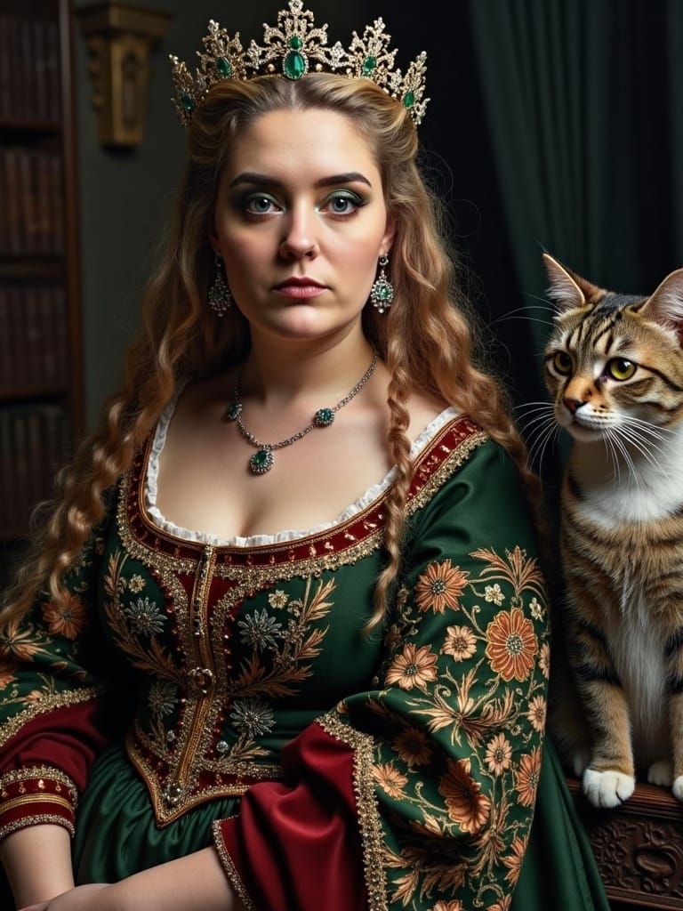 Eleanor of Aquitaine in Regal Splendor with a Feline Compani...