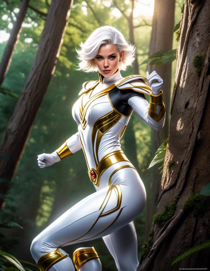 White Power Ranger Soaring Through Forest
