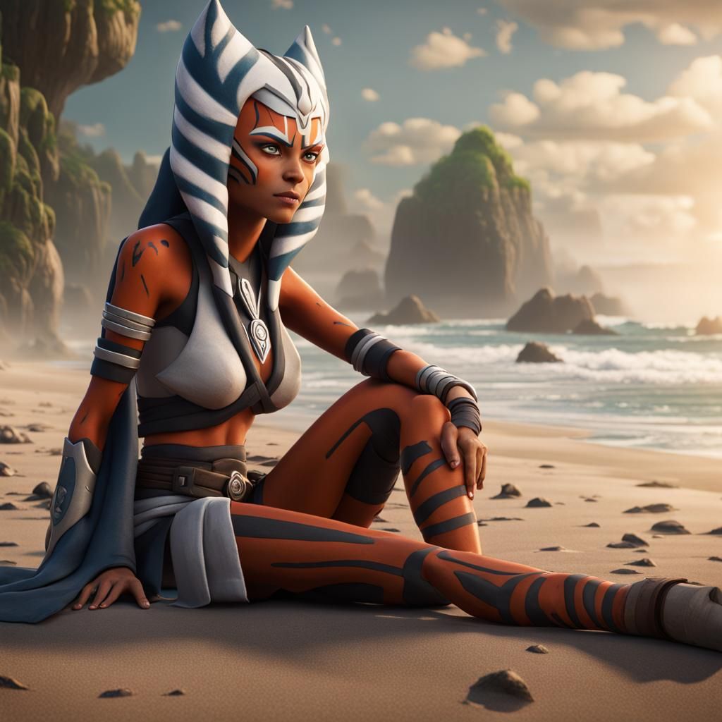 Ahsoka Tano Meditating on Beach, Digital Art