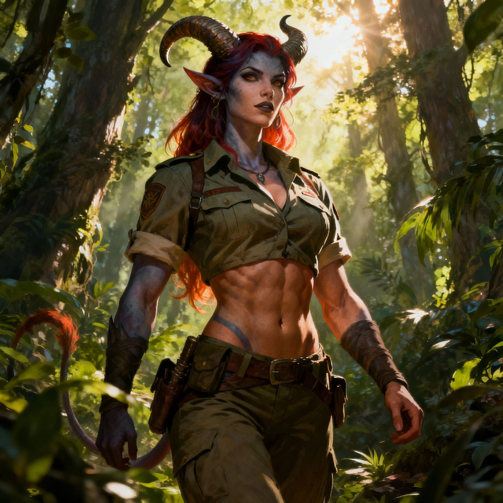 Muscular Tiefling Ranger in Sun-Dappled Forest