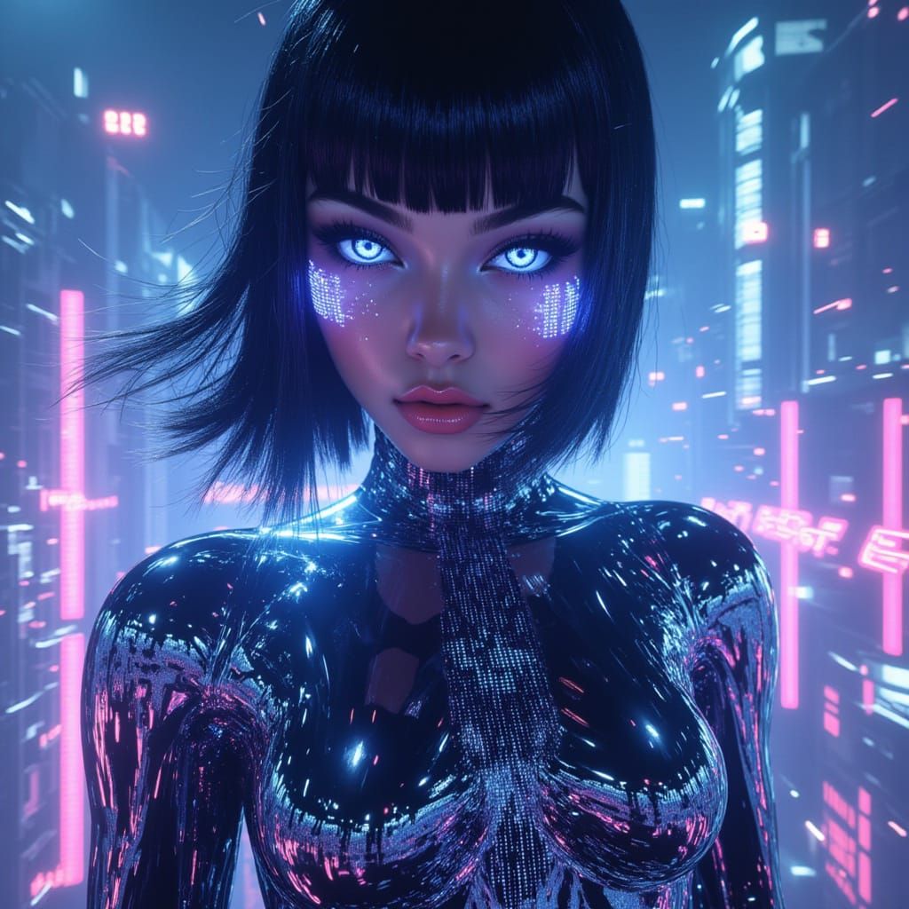Futuristic Woman with Cybernetic Implants and Holographic Ey...