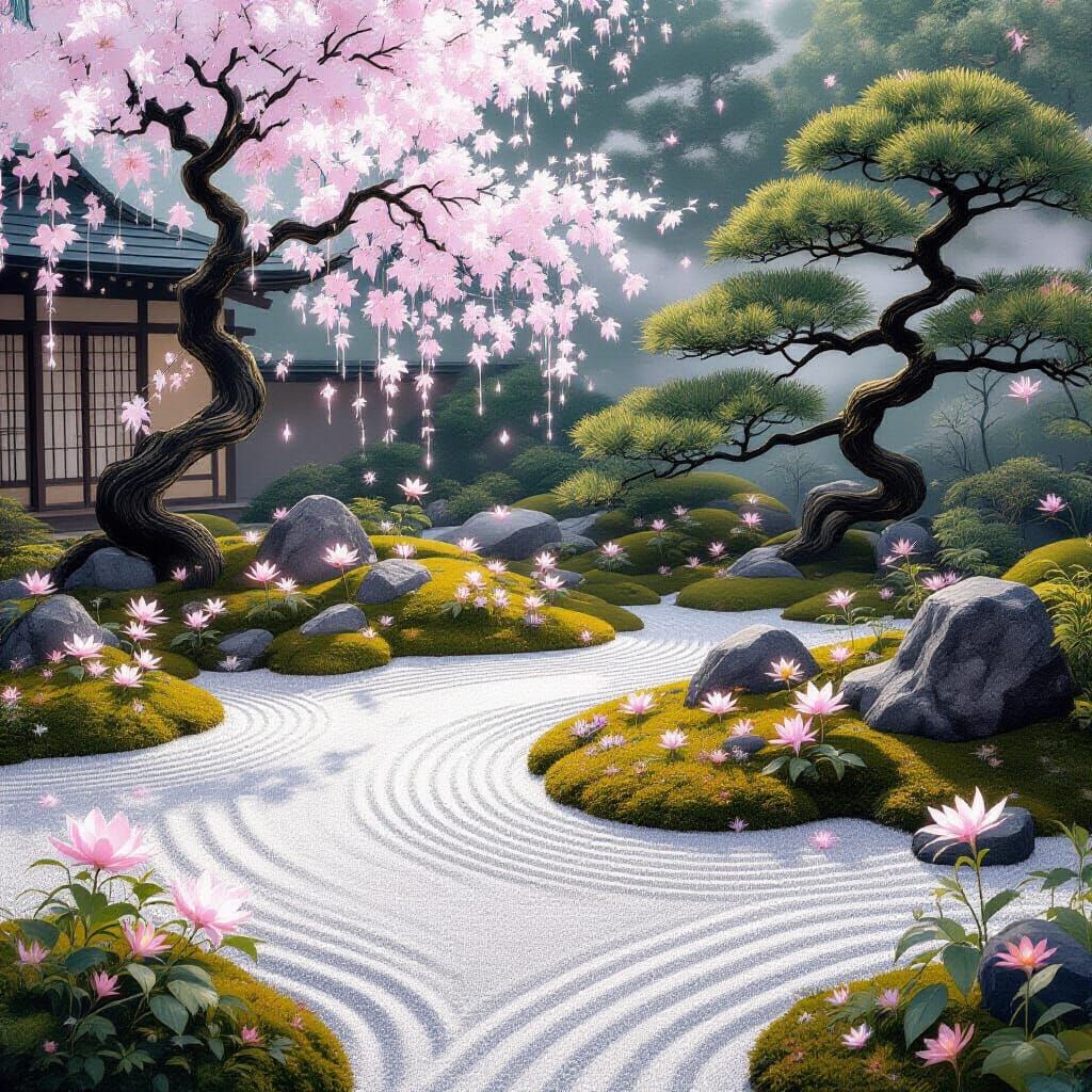 Bioluminescent Zen Garden in Japanese Ink Wash Style
