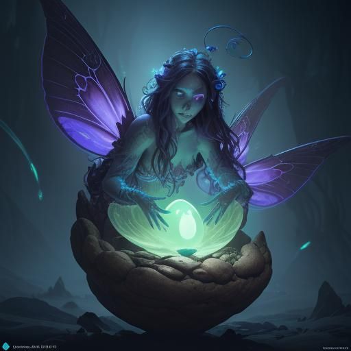 Fairy Hatching from Bioluminescent Egg in Detailed Painting