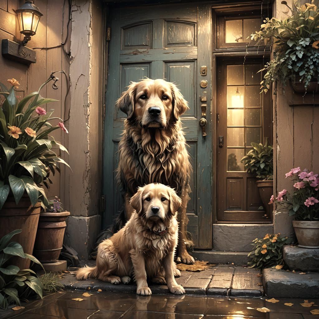 Pleading Dog and Cat Seek Shelter from Rain