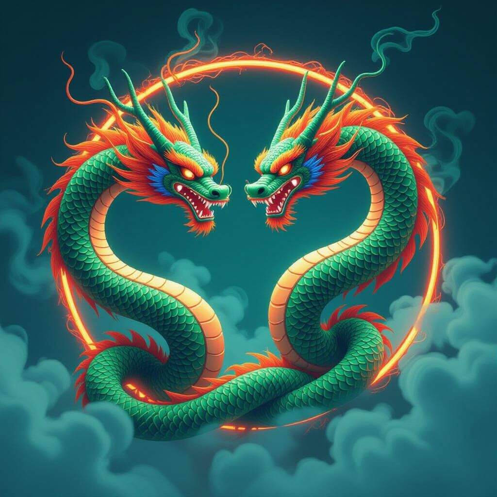 Neon Dragons Intertwined: Futuristic Glimmering Art