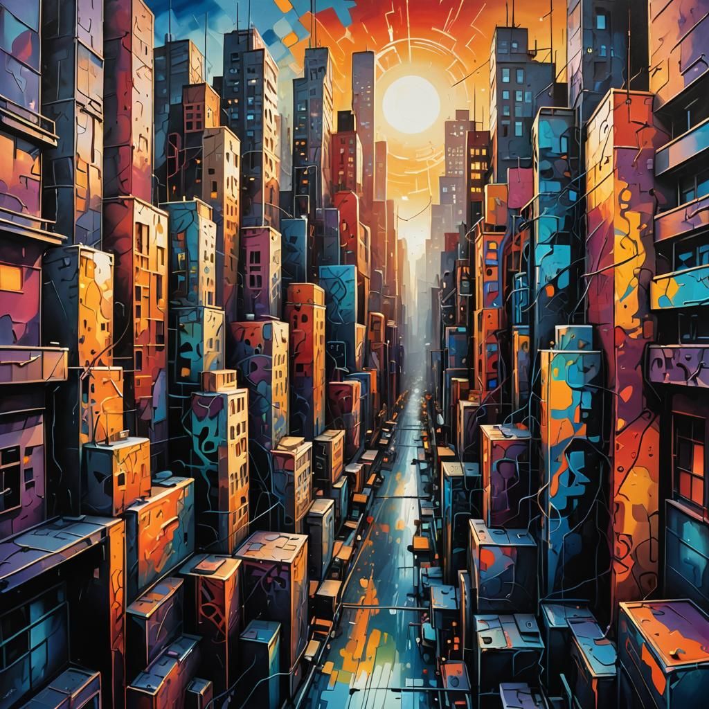Abstract Expressionist Cityscape Graffiti at Sunrise
