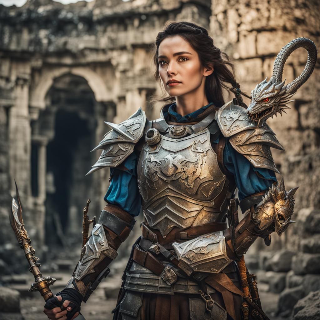 Armored Woman with Dragon in Ancient Ruins