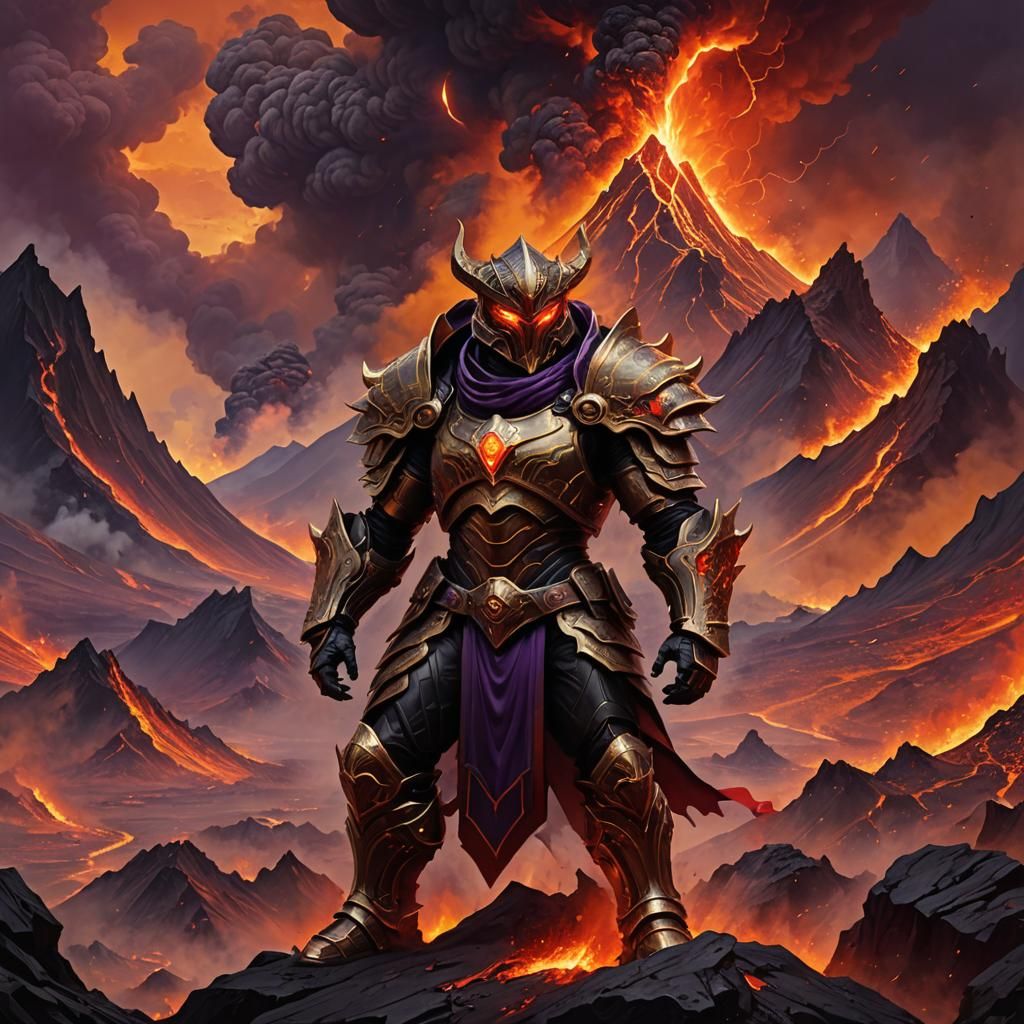 Epic Dark Champion Erupting Volcano, Digital Matte Painting