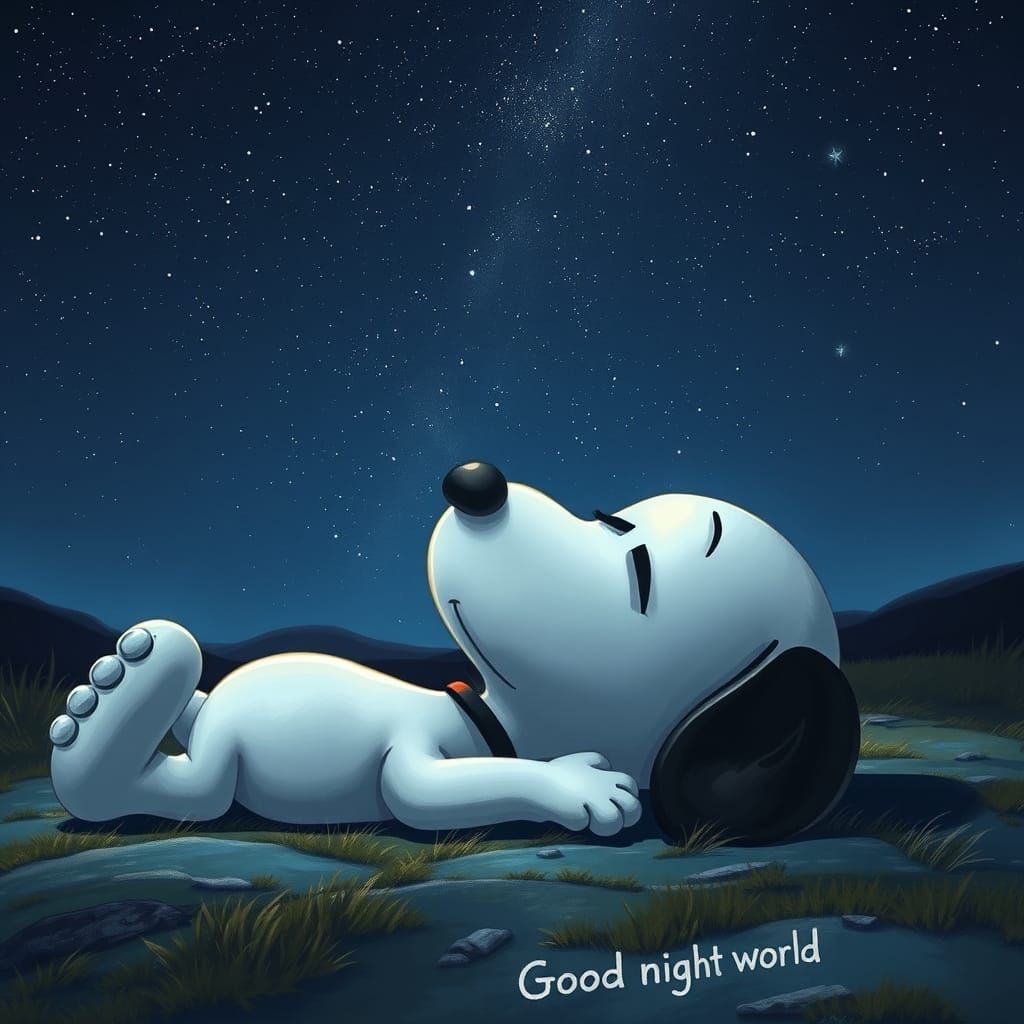 Snoopy lying flat on the ground, eyes open, gazing at the ni...