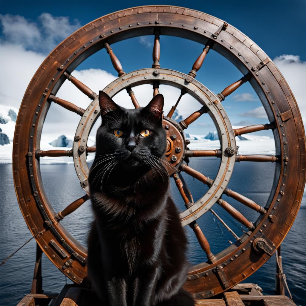 Surreal Antarctica Portrait with Airship and Black Cat
