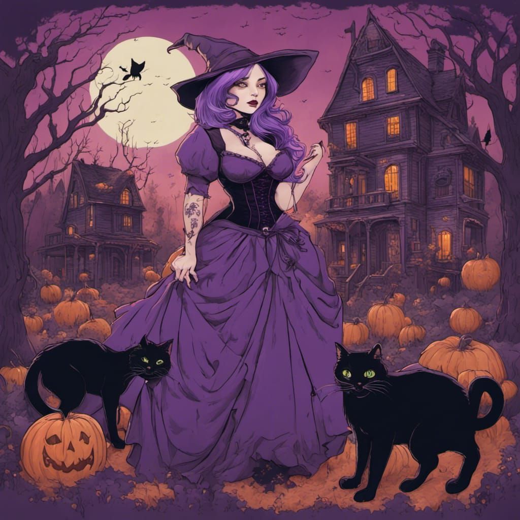 Chubby Purple-Haired Witch Surrounded by Cats